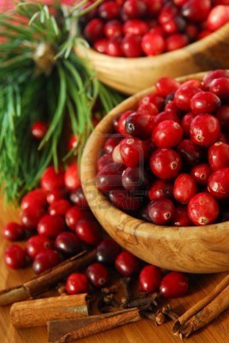 Fresh red cranberries in wooden bowls with spices and pine ...
